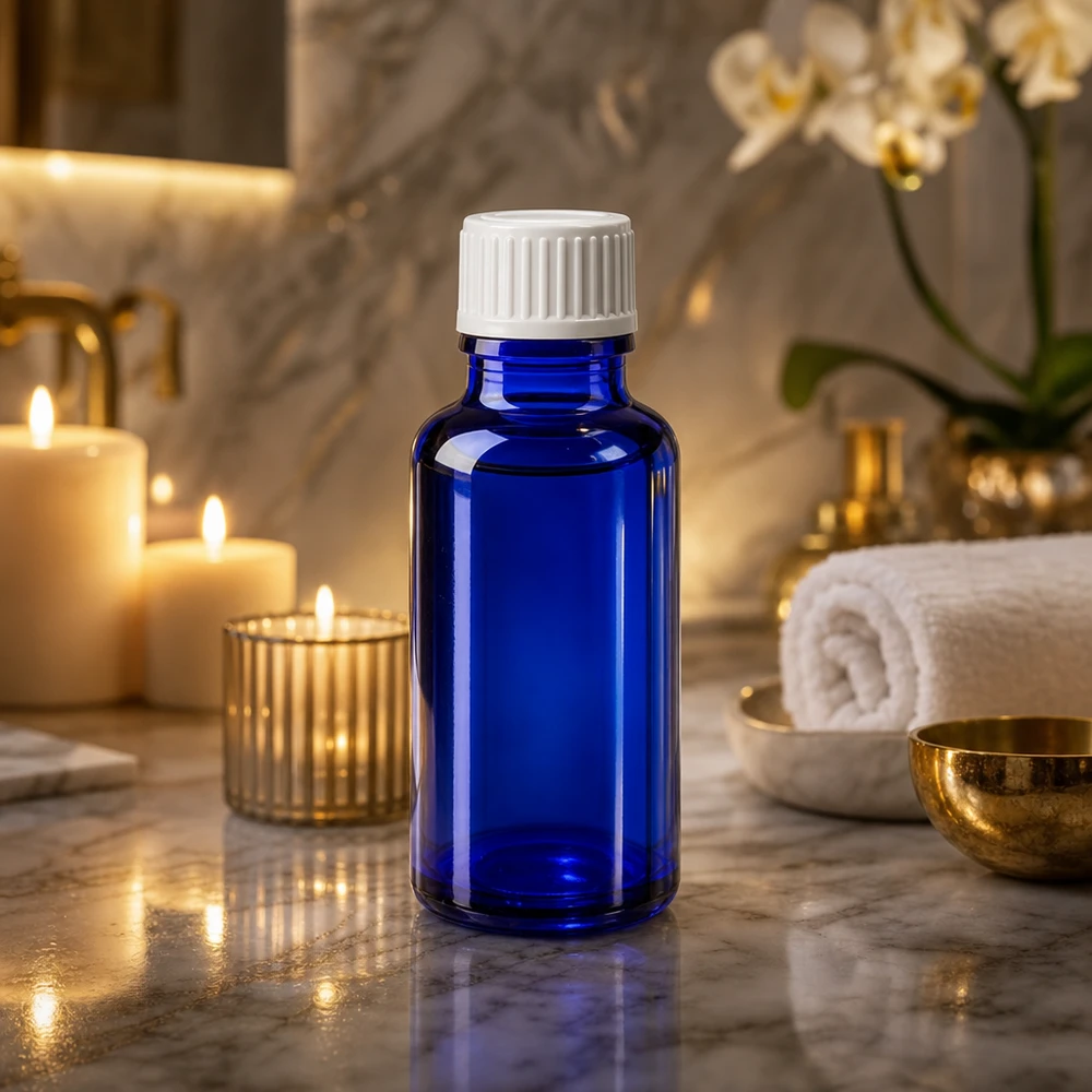 Frasco de cristal azul cobalto de 20 ml con tapón blanco a prueba de niños para aceites esenciales