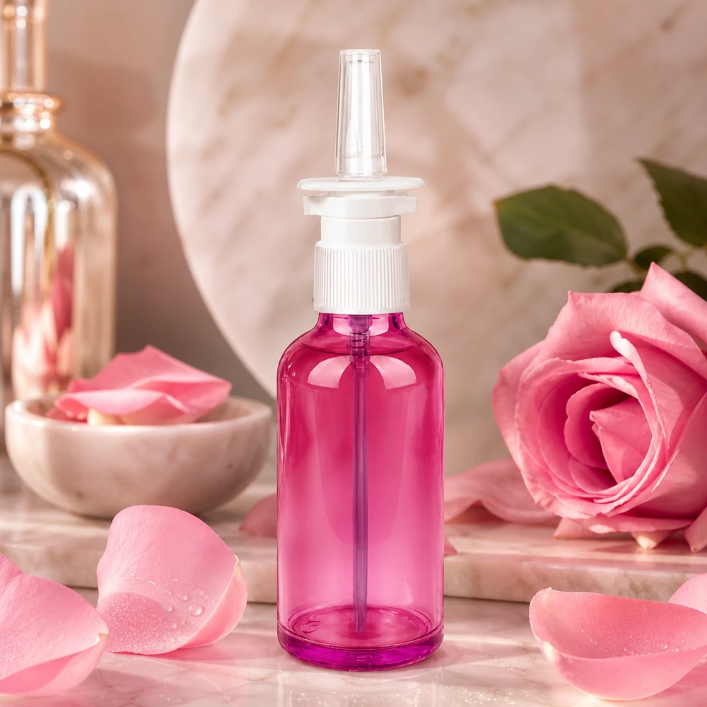 Pulverizador nasal compacto de plástico de 50 ml en un elegante color morado para una dosificación precisa