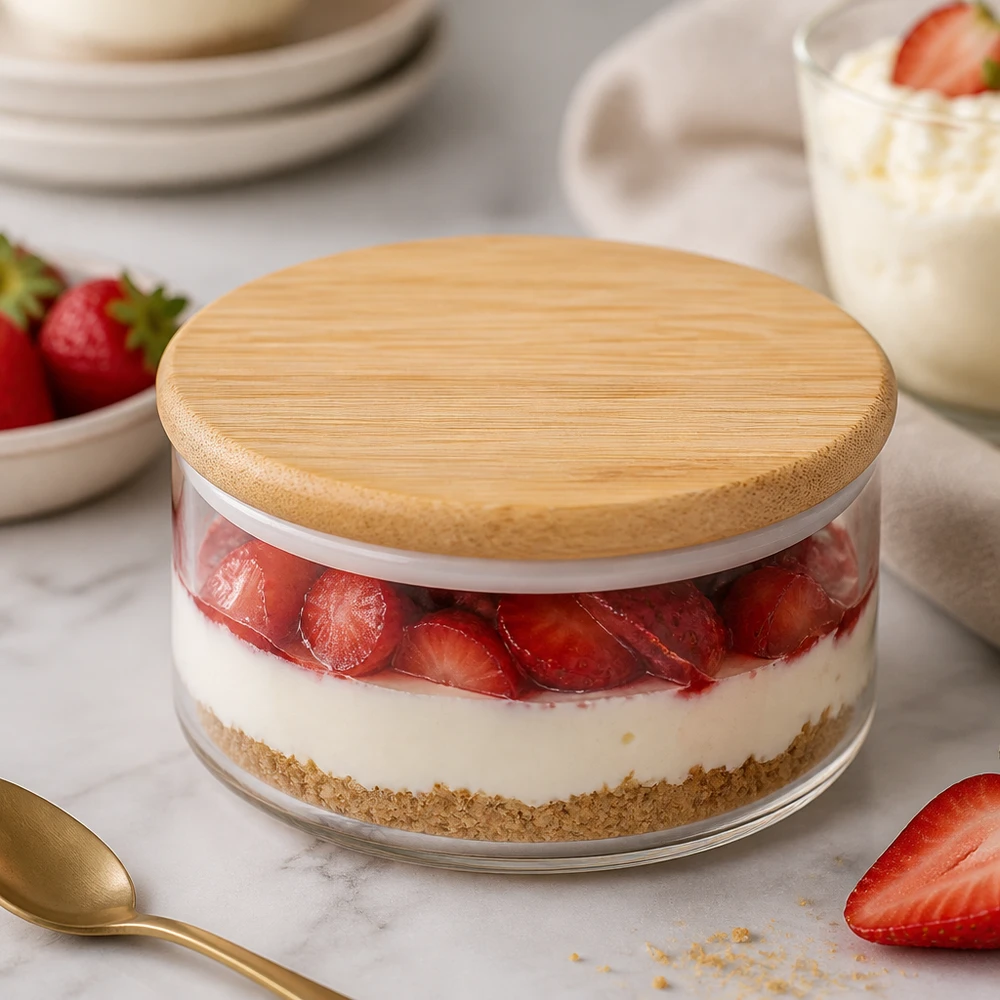 Tapa de madera WECK RR80 versión A con tarta de fresa en tarro - práctica aplicación para postres y almacenamiento