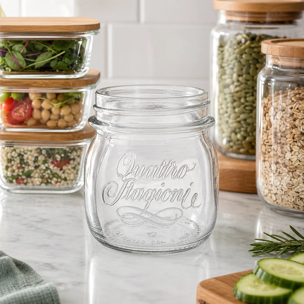 Vaso redondo de 250ml "Quattro Stagioni" QS70mm Tarro Quattro Stagioni de 250 ml con tapón de rosca para guardar alimentos y especias en la cocina