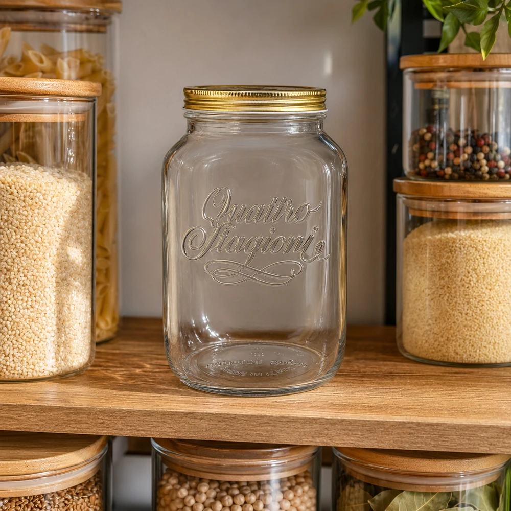 Tarro redondo "Quattro Stagioni" de 3800ml con tapa. Tarro de almacenamiento Quattro Stagioni 3800ml vacío en un estante de madera entre tarros de almacenamiento llenos de especias y cereales.