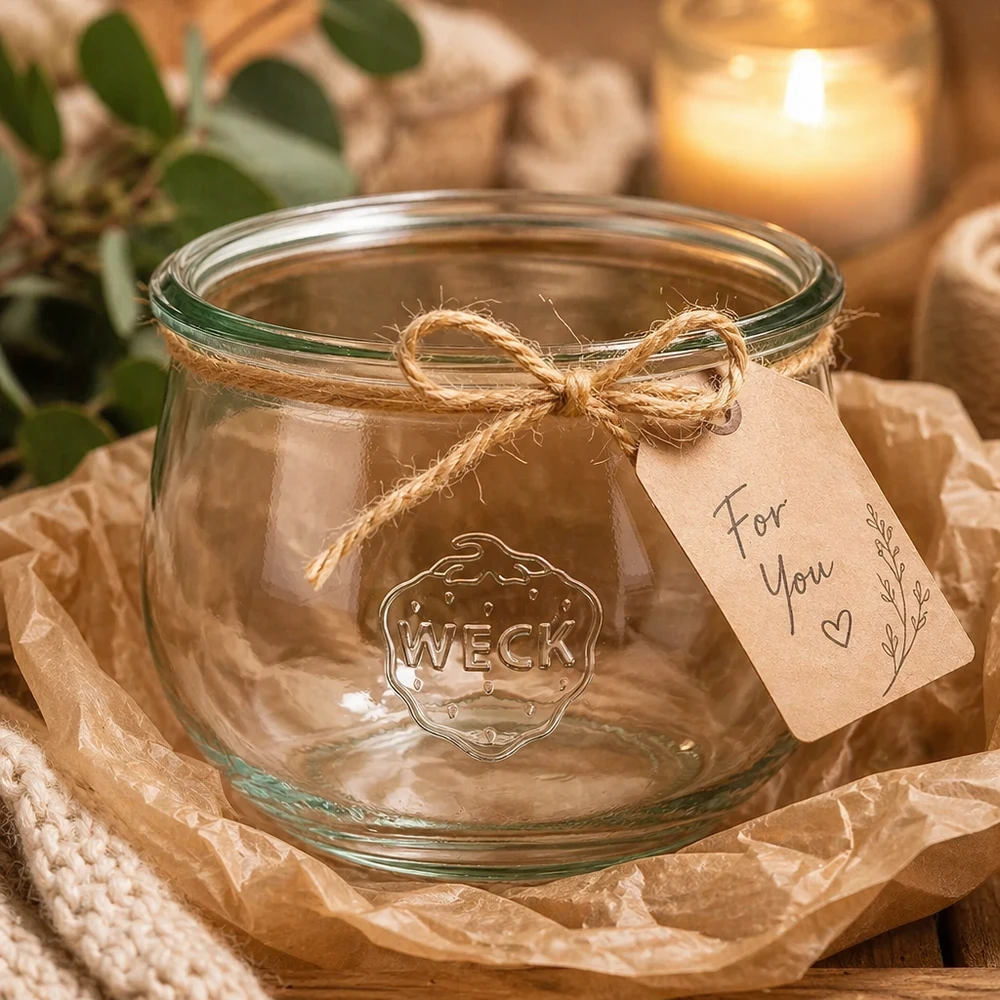 Tarro tulipán WECK 580ml RR100 con etiqueta de regalo y cuerda de yute sobre mesa de madera con vela y decoración