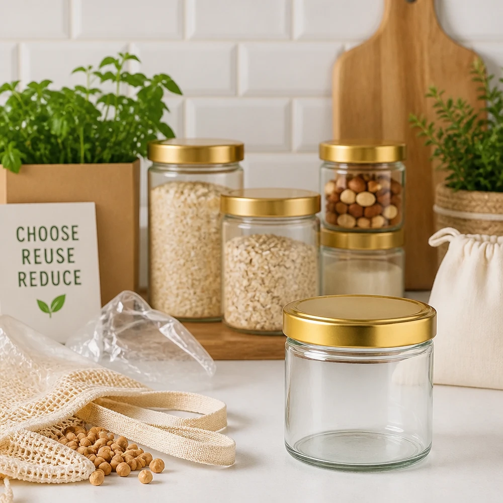Tarro cilíndrico de 230ml con tapa BasicSeal oro UT Tarro cilíndrico de 230 ml con tapa dorada en cocina sostenible de residuo cero entre tarros de almacenaje y productos ecológicos