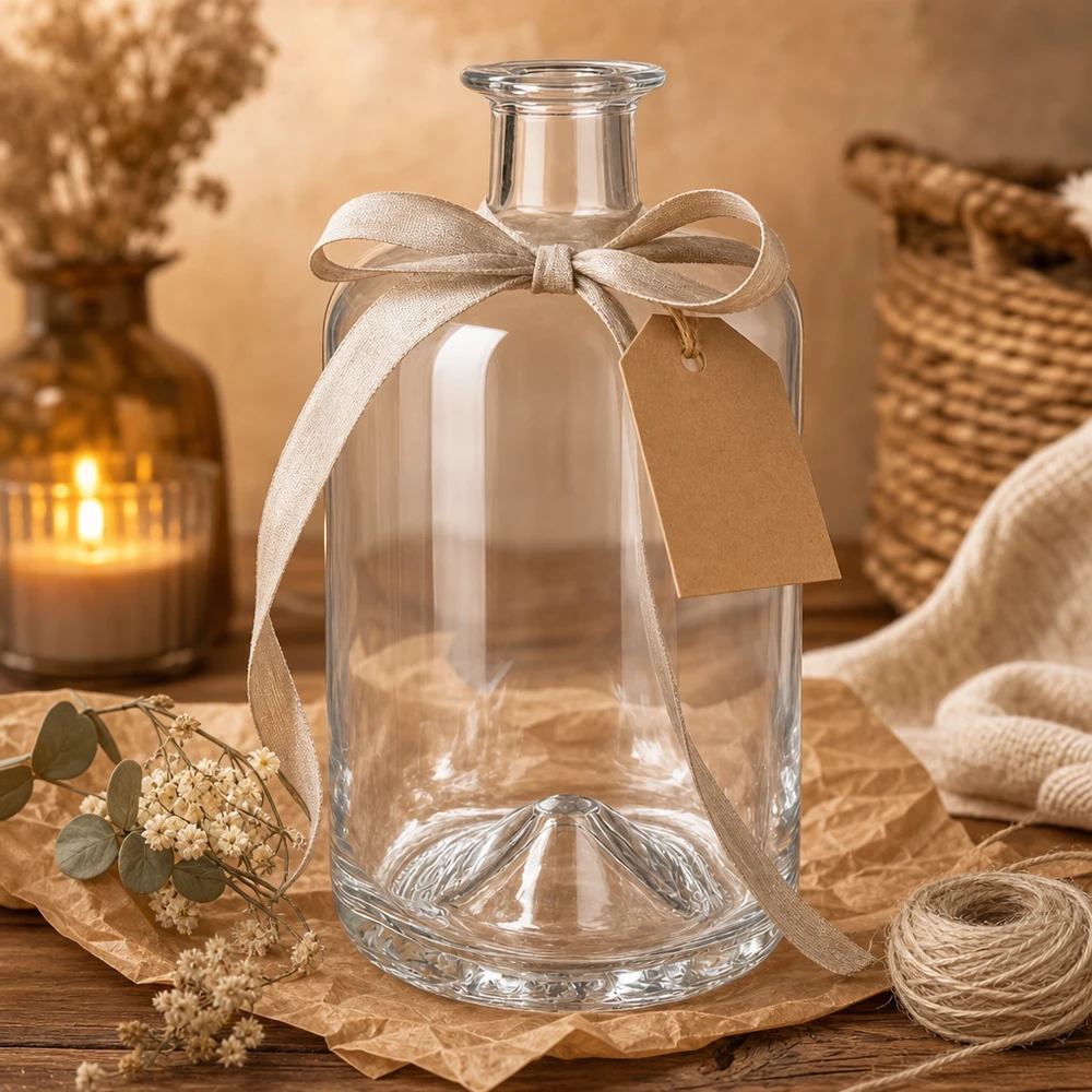 Botella de farmacia de 700 ml «Sofia» sin tapón UNiTWIST® Botella de cristal de 700 ml Sofía vacía con lazo decorativo y etiqueta de regalo en un ambiente acogedor