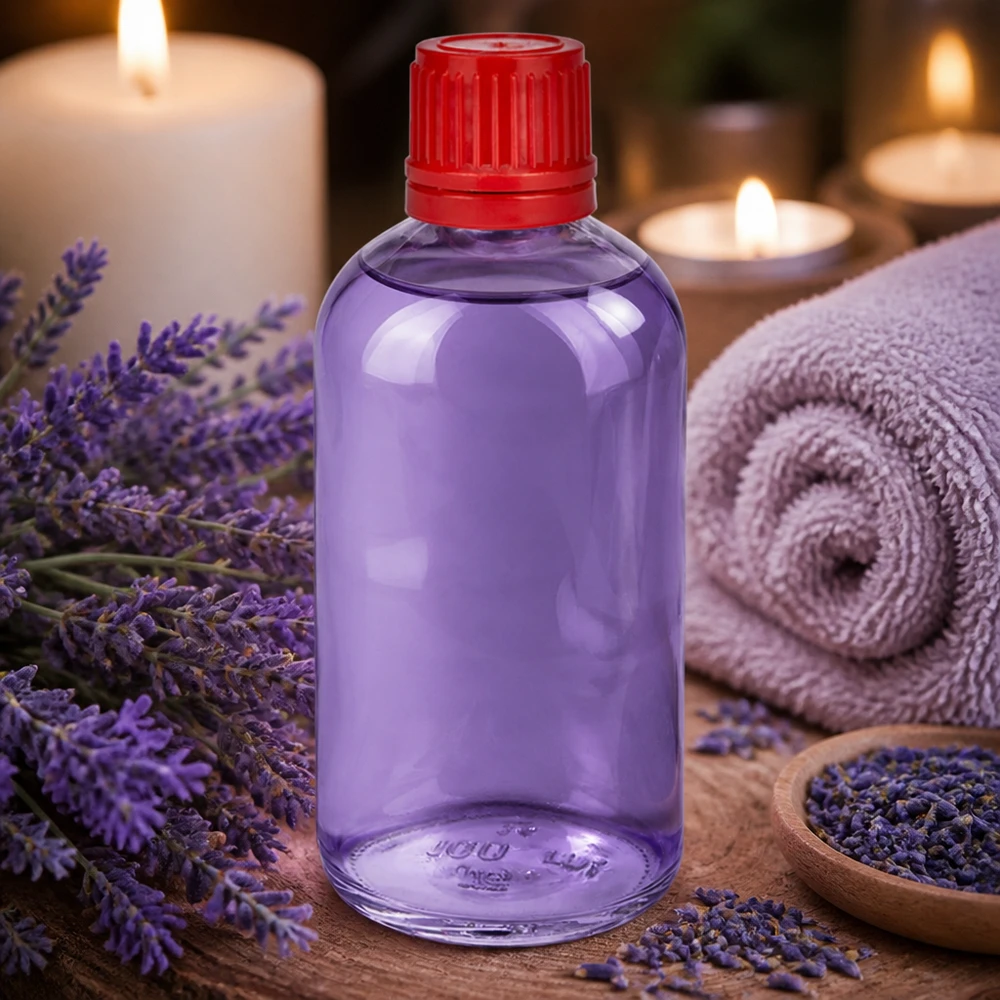 Botella ClearLine de color lila de 100 ml con tapón OV rojo entre flores frescas de lavanda en el spa