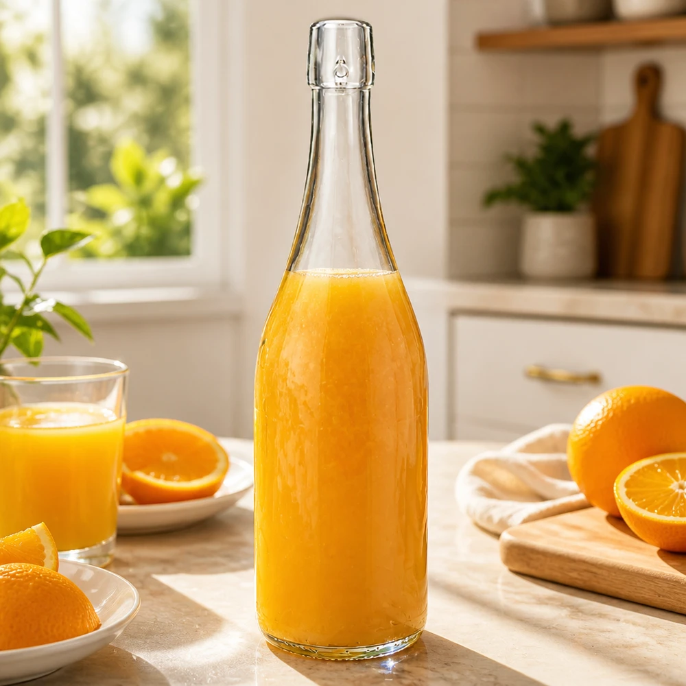 Botella de cristal UNiTWIST de 750 ml llena de zumo de naranja fresco cocina ligera desayuno vitamina C nutrición sana