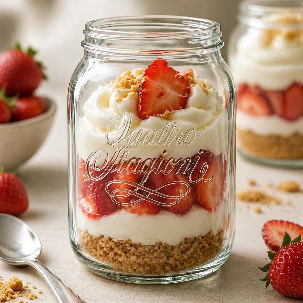 Tarro redondo 2000ml "Quattro Stagioni" QS110mm Quattro Stagioni Glas 2000ml mit Erdbeer-Dessert befüllt - vielseitiges Haushaltsglas für Einmachen und Dekoration