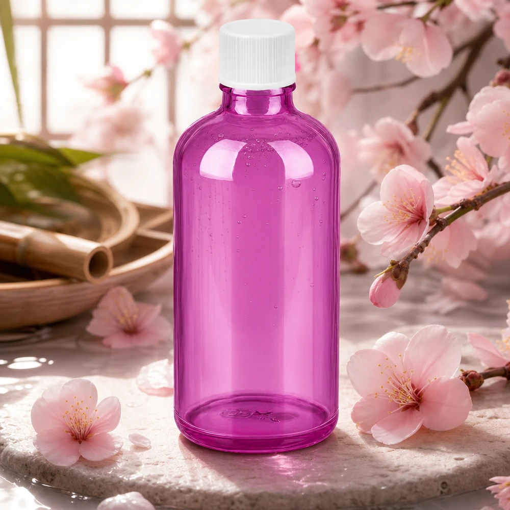 Frasco de 100 ml con tapón de rosca de 11 mm blanco estándar PurpleLine UT18/100 Elegante frasco de cristal violeta de 100 ml con tapón de rosca blanco para productos de belleza de alta calidad