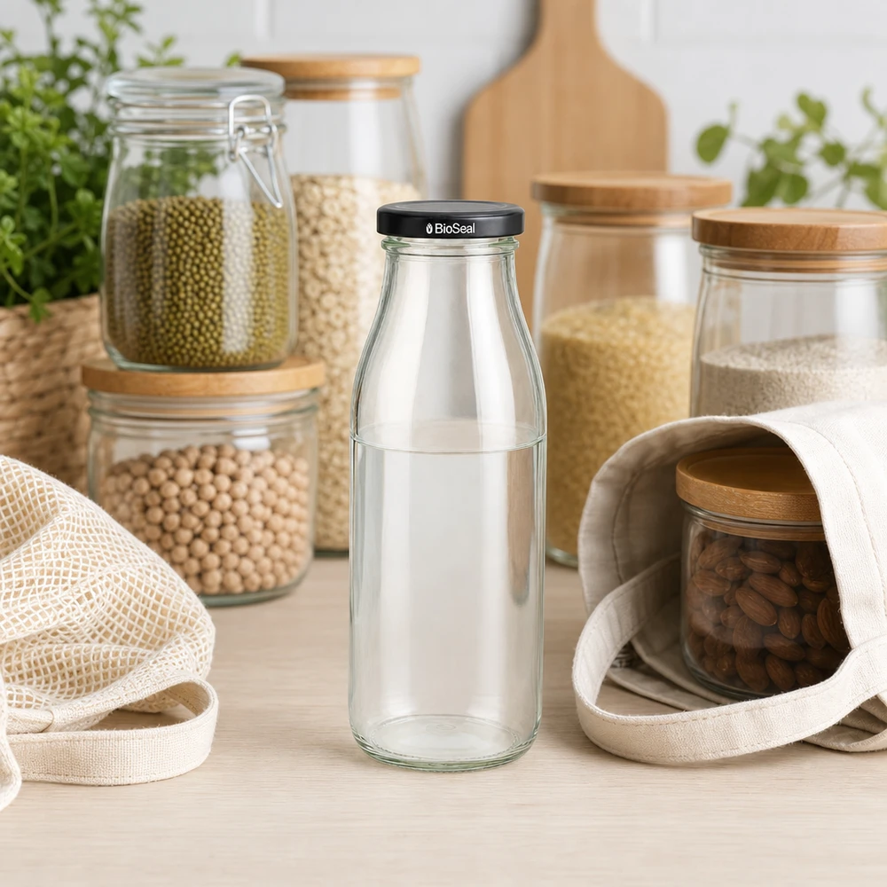 Botella de cristal de 500 ml con tapa BioSeal negra en un entorno de cocina sostenible con tarros de almacenamiento y bolsas de yute