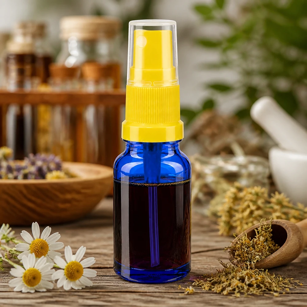 Pulverizador compacto de 10 ml de vidrio azul con cabezal amarillo para cosméticos BlueLine UT18 10