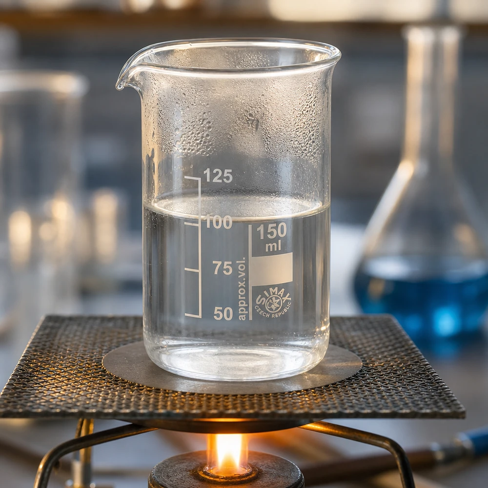 Vaso de precipitados de 150 ml, de forma alta, calentado sobre un mechero Bunsen, con un líquido transparente en el laboratorio