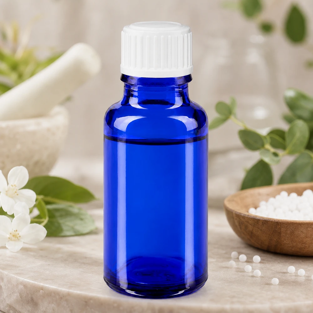 Botella de farmacia azul 20ml tapón de rosca blanco estándar Frasco de cristal azul cobalto de 20 ml con tapón de rosca blanco, junto a un mortero y glóbulos homeopáticos