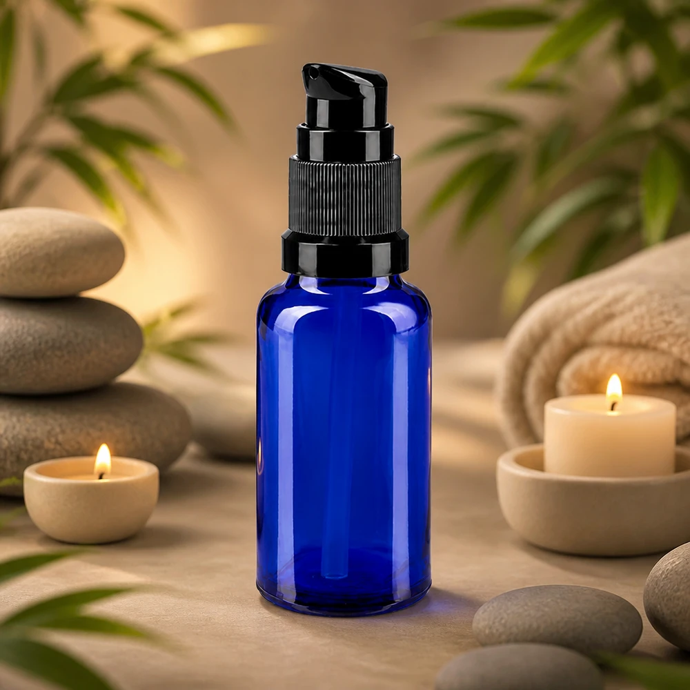 Frasco azul de 20 ml con dosificador, fabricado en vidrio de farmacia, con cabezal negro, junto a piedras de masaje y velas