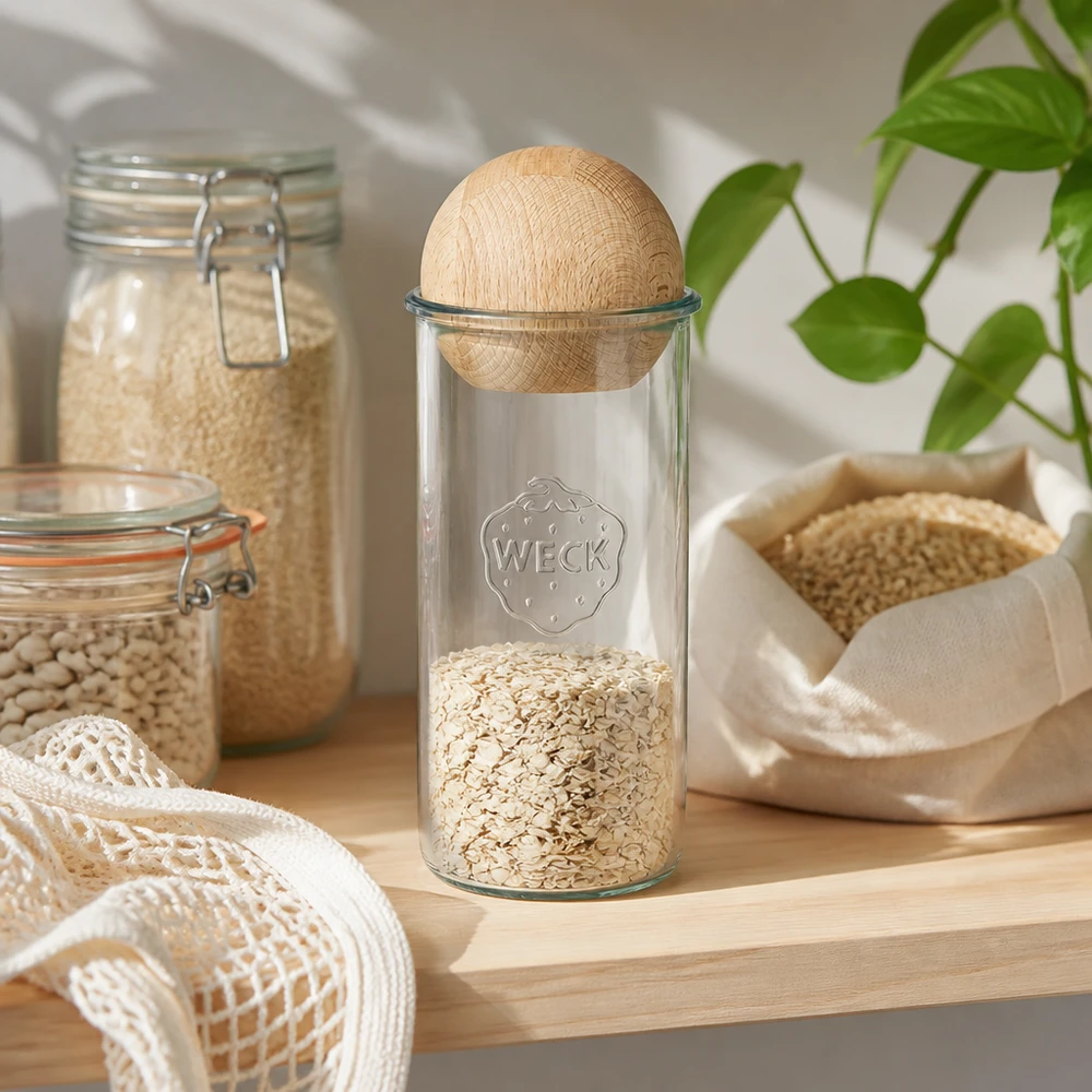 WECK RR100 Tarro de albañil de 1500 ml relleno de copos de avena, tapa de haya con bola de madera, almacenamiento de cocina sin residuos