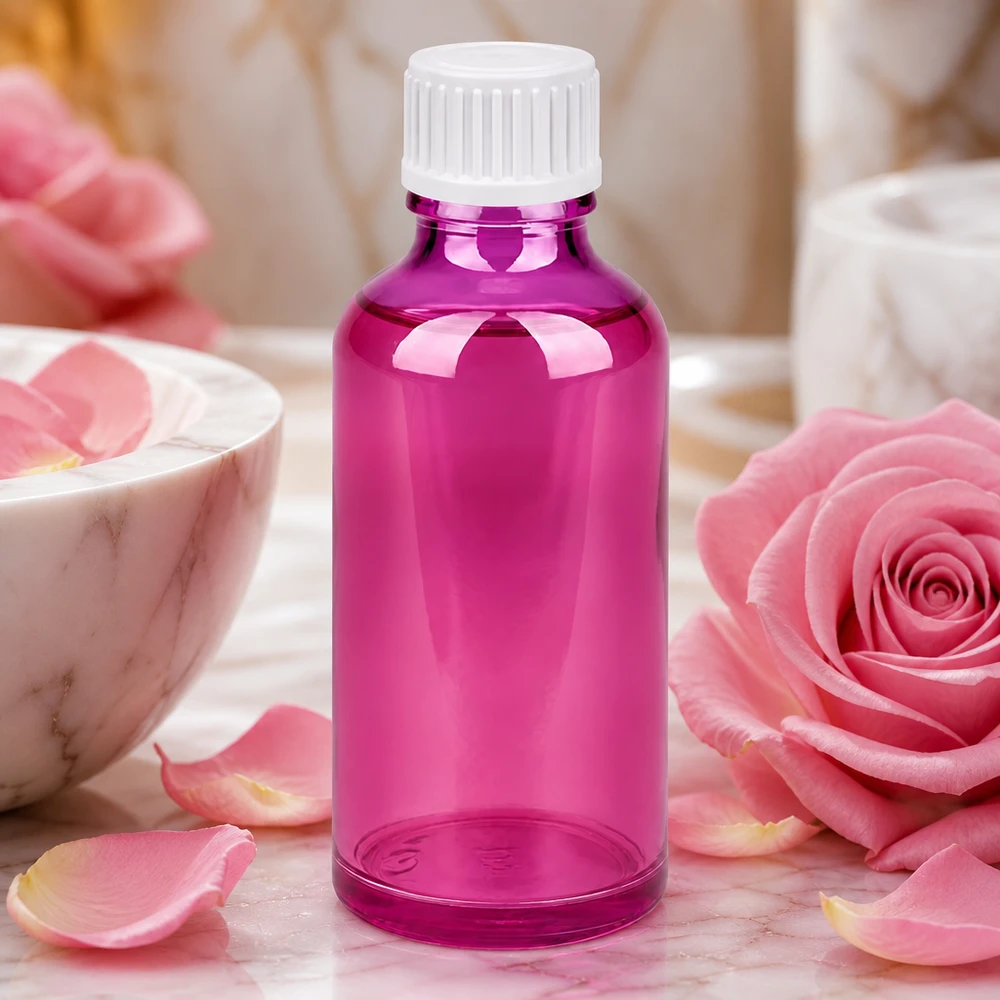Frasco compacto de cristal de 50 ml en color morado para aromaterapia y esencias naturales para el cuidado de la piel