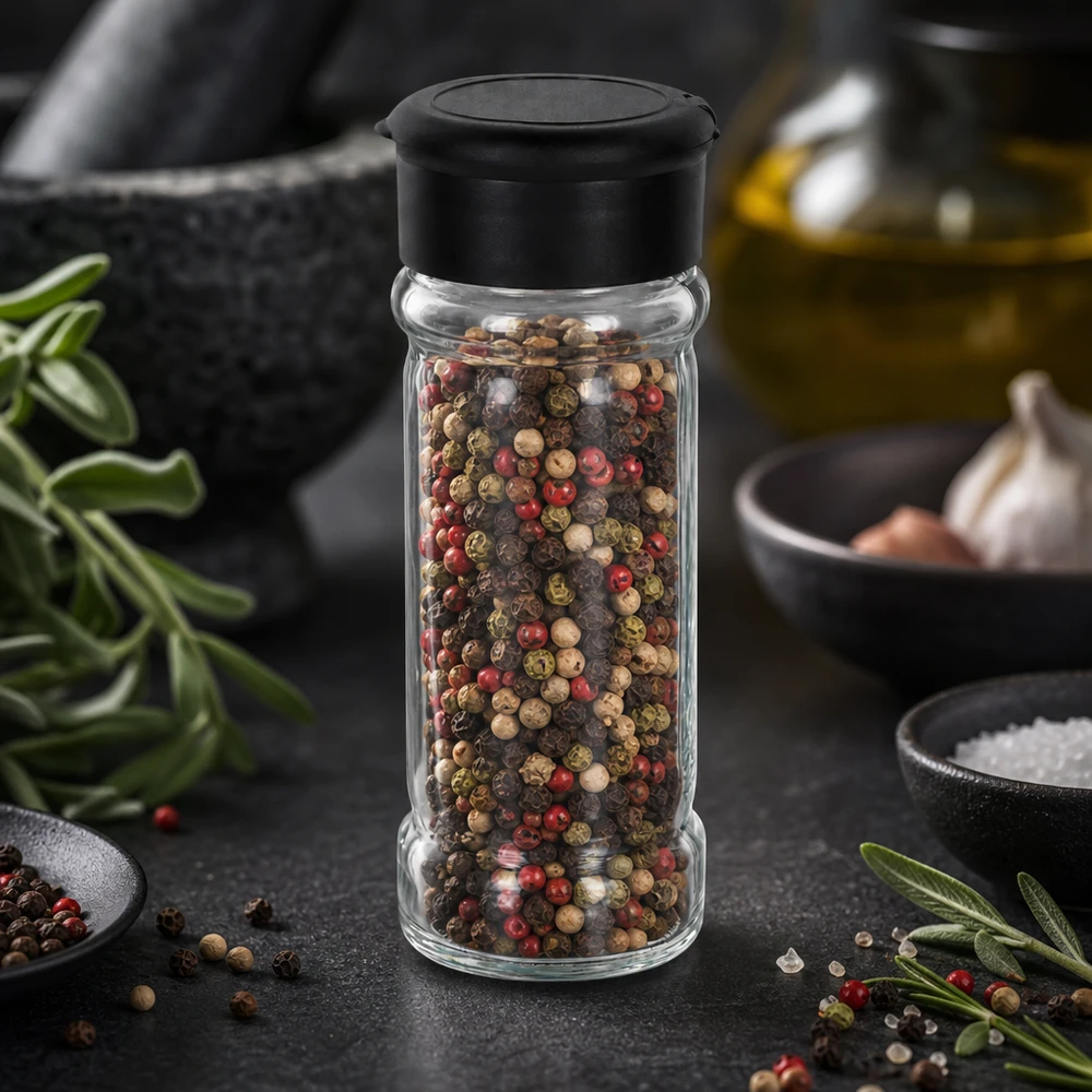 Salero de cristal transparente de 100 ml con tapa negra, lleno de una mezcla de pimientas de colores, sobre una encimera oscura