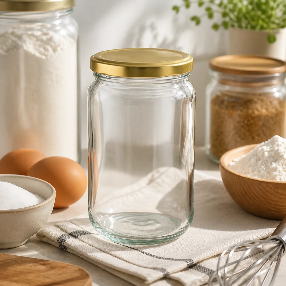 Tarro redondo 305ml con tapa BasicSeal oro UNiTWIST 305ml Rundglas UNiTWIST mit goldnem Deckel in moderner Küche - perfekt zum Backen und Kochen mit Eiern und Mehl