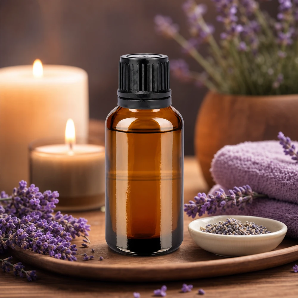 Pequeño frasco de vidrio ámbar de 30 ml con tapón negro ideal para aceite de lavanda y cosmética natural