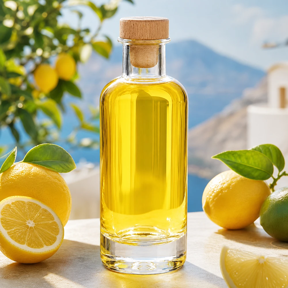 Ella Botella de cristal de 200 ml con tapón de madera llena de aceite amarillo rodeada de limones frescos en un entorno mediterráneo