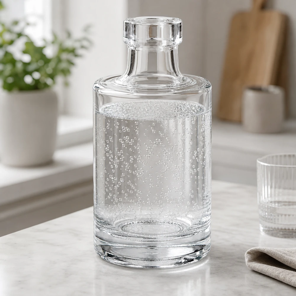 Botella de cristal de 100 ml Marie con agua clara y burbujas carbonatadas en un elegante ambiente de cocina con tapa de cristal