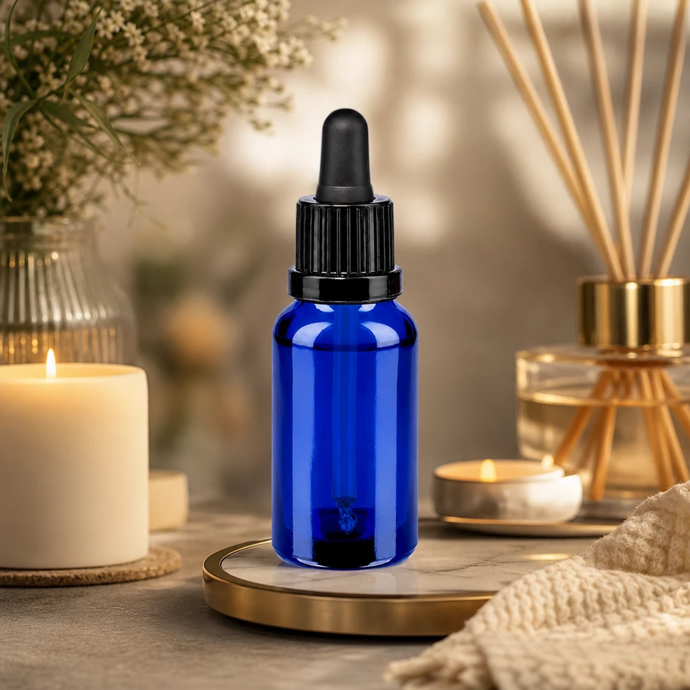 Frasco pipeta compacto de 20 ml en un elegante diseño azul con un práctico tapón cuentagotas para uso doméstico