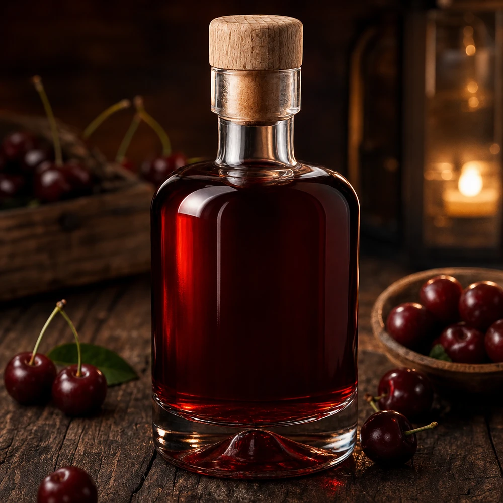 Botella de vidrio de 50 ml «Amelie» con tapón de corcho con asa de madera UNiTWIST Botella de cristal de 50 ml de Amelie rellena de licor de cereza rojo oscuro entre cerezas frescas dispuestas de forma rústica sobre madera