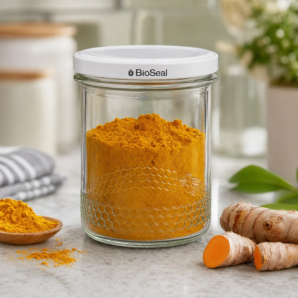 Tarro para miel de 560 g con tapa blanca BioSeal UNiTWIST Tarro de miel de 400 ml lleno de cúrcuma muestra el uso práctico de la tapa BioSeal para especias y utensilios de cocina