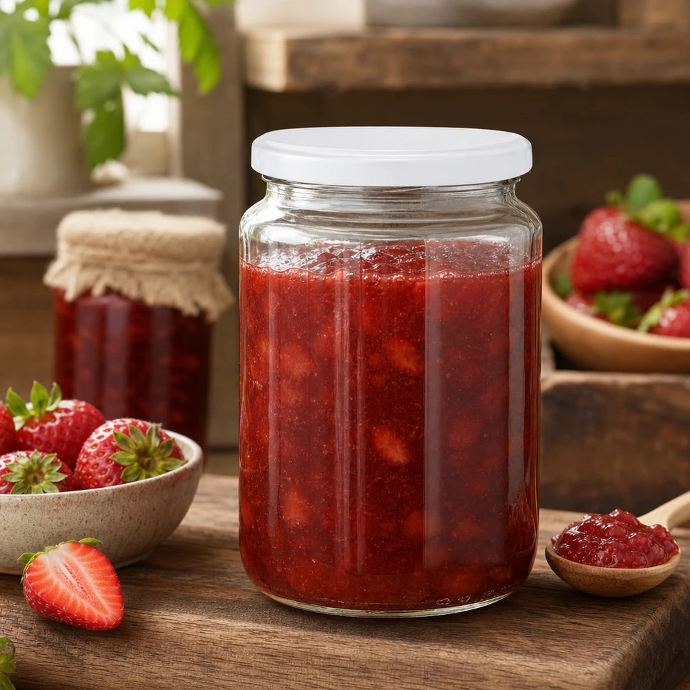 El tarro redondo UNiTWIST de 795 ml lleno de mermelada de fresa es ideal para mermeladas y conservas caseras