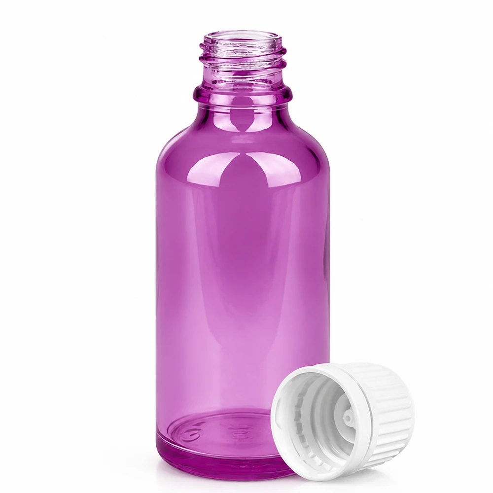 50ml botella 11mm tapón de rosca blanco Originalidad tapón de rosca PurpleLine UT18/50 Frasco cuentagotas de 50 ml de vidrio violeta con rosca DIN de 18 mm para aromaterapia y cosmética
