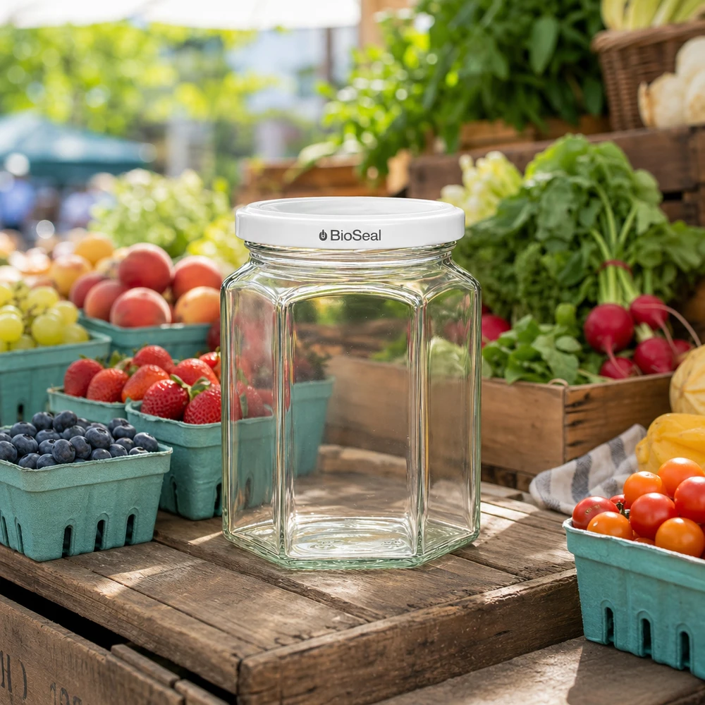 Tarro vacío UNiTWIST Hexa288 con tapa blanca TO63 BioSeal en un puesto del mercado entre frutas y verduras frescas