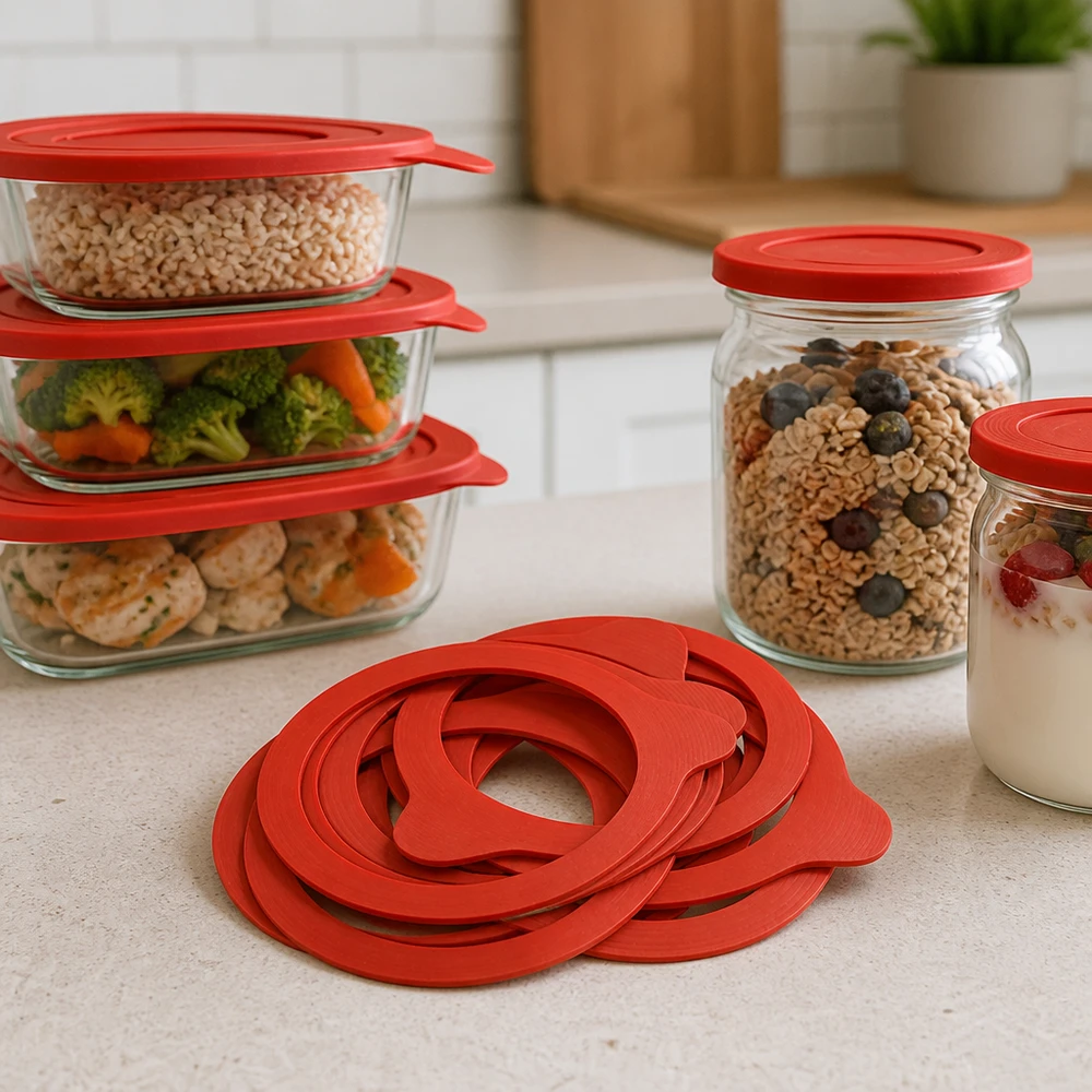 Anillo para conservas RR80 de caucho natural rojo varios anillos en la encimera de la cocina con tarros de almacenamiento Muesli Verduras Meal Prep