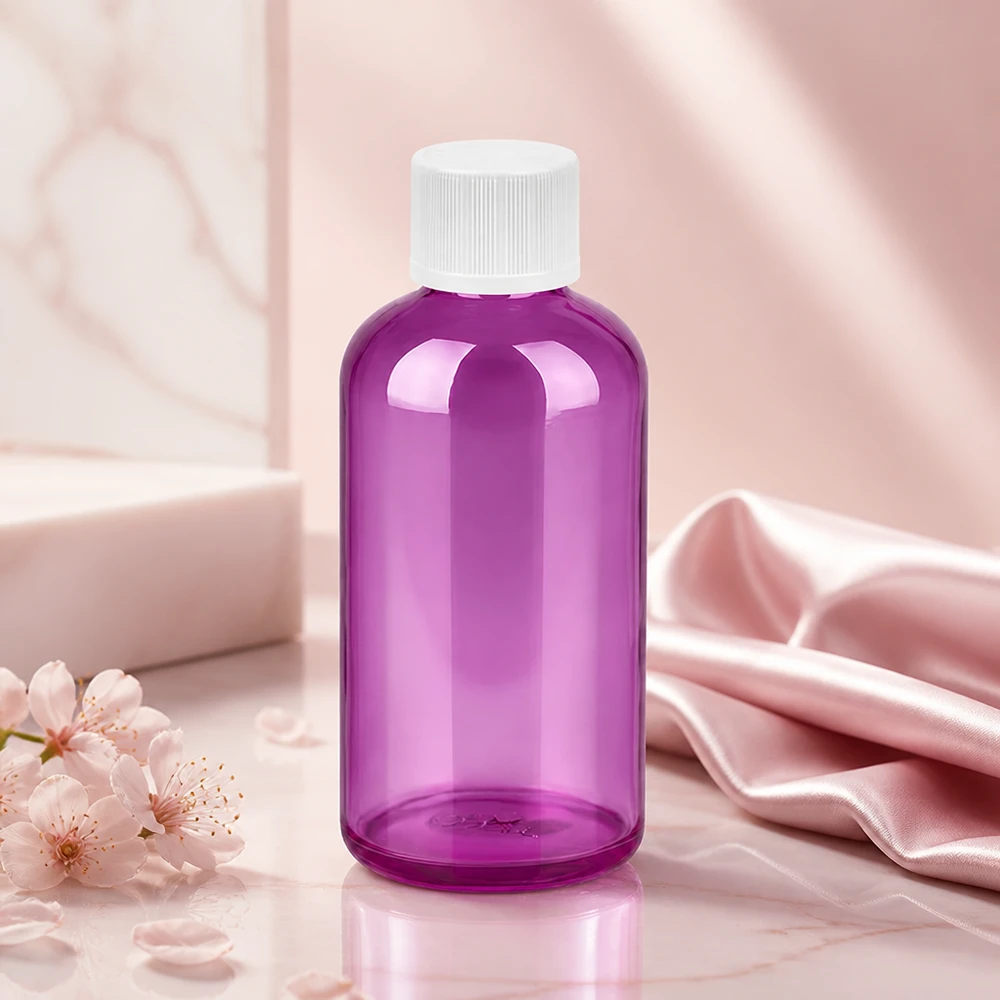 Botella de 100ml 11mm tapón de rosca blanco estándar a prueba de niños PurpleLine. UT18/100 Frasco translúcido morado de 100 ml con tapón blanco seguro para niños Rosca UT18 para un almacenamiento farmacéutico seguro