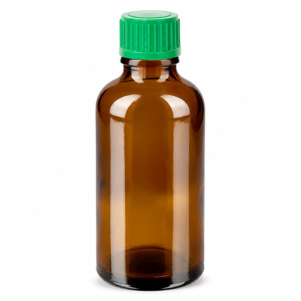 Frasco cuentagotas de 50 ml 0,8 mm verde Cierre estándar BrownLine UT18/50 Frasco cuentagotas de 50 ml marrón con tapón verde Abertura de 0,8 mm para una dosificación precisa