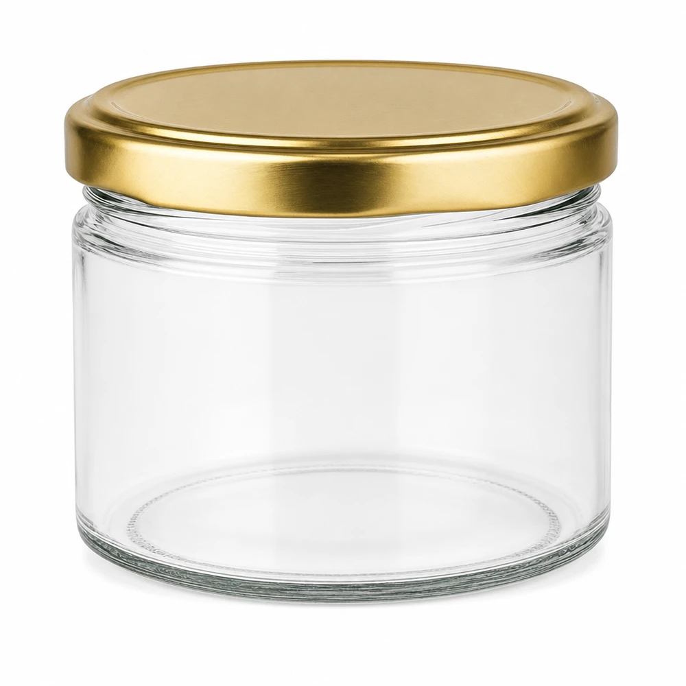 Tarro de cristal redondo de 540 ml vacío con tapa dorada BasicSeal UNiTWIST sobre fondo blanco