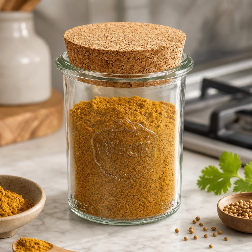 Tarro WECK 160ml RR60 con tapa de corcho lleno de cúrcuma en polvo y especias sobre encimera de mármol