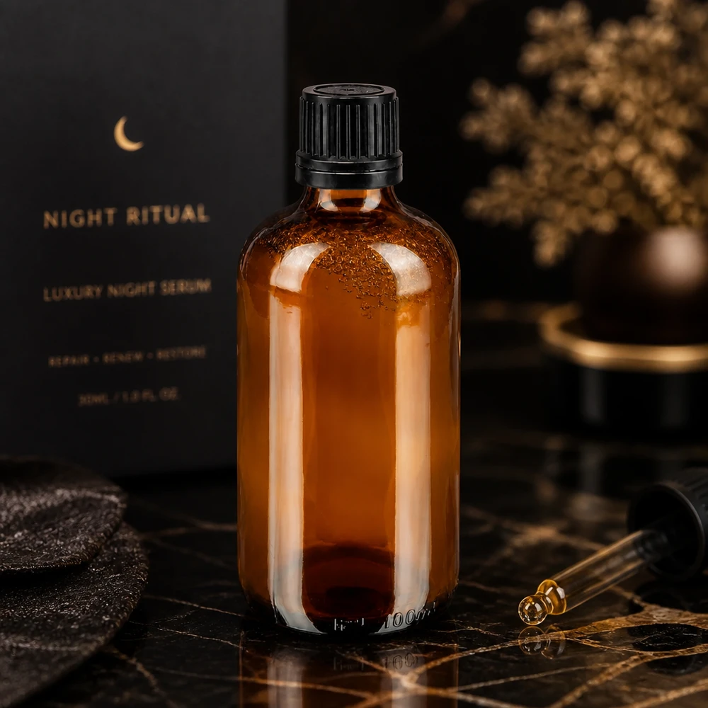 Frasco de vidrio ámbar de 100 ml con envase exterior negro y gotero, junto a la caja del sérum «Luxus Night Ritual»