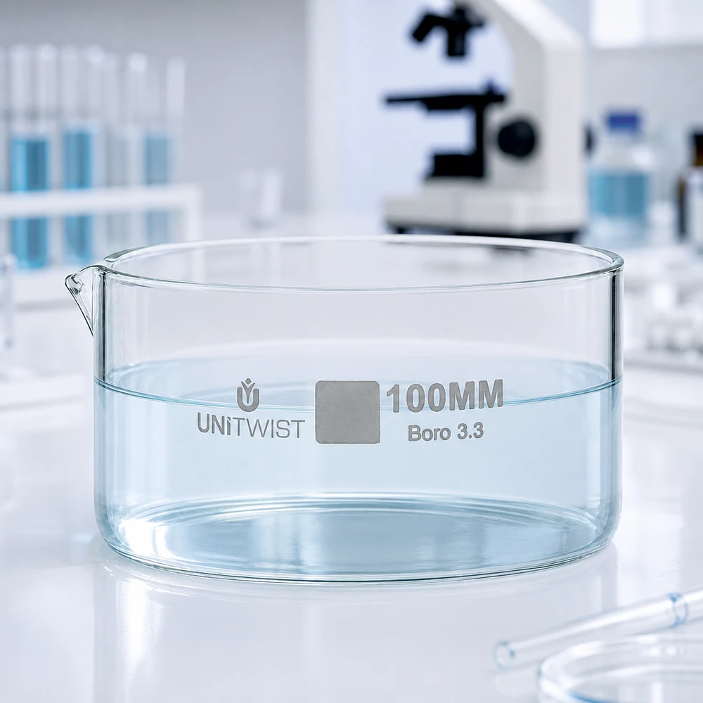 Bandeja de cristalización de 100 mm de diámetro, de vidrio borosilicato UNiTWIST, vacía, sobre una superficie de laboratorio blanca. Fondo de microscopio.