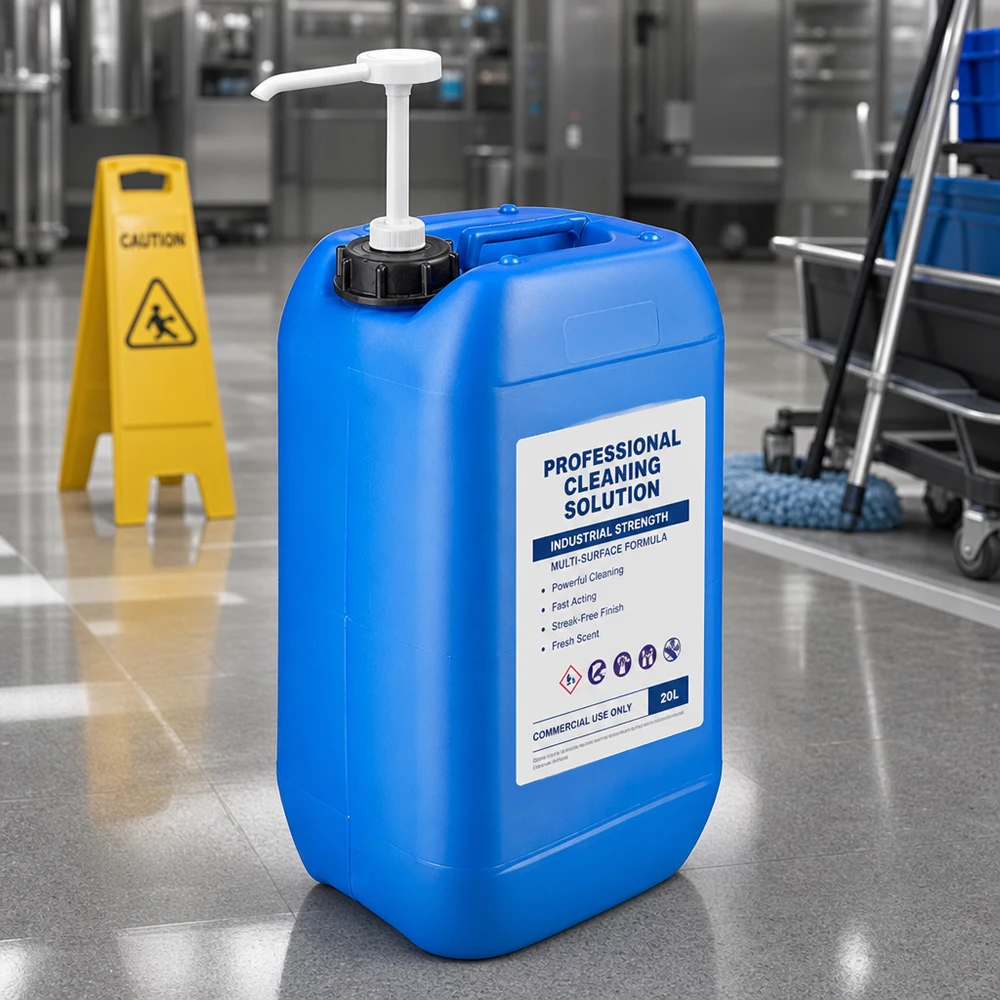 Bidón resistente de 15 litros, de color azul, con bomba dosificadora ergonómica para productos de limpieza profesionales