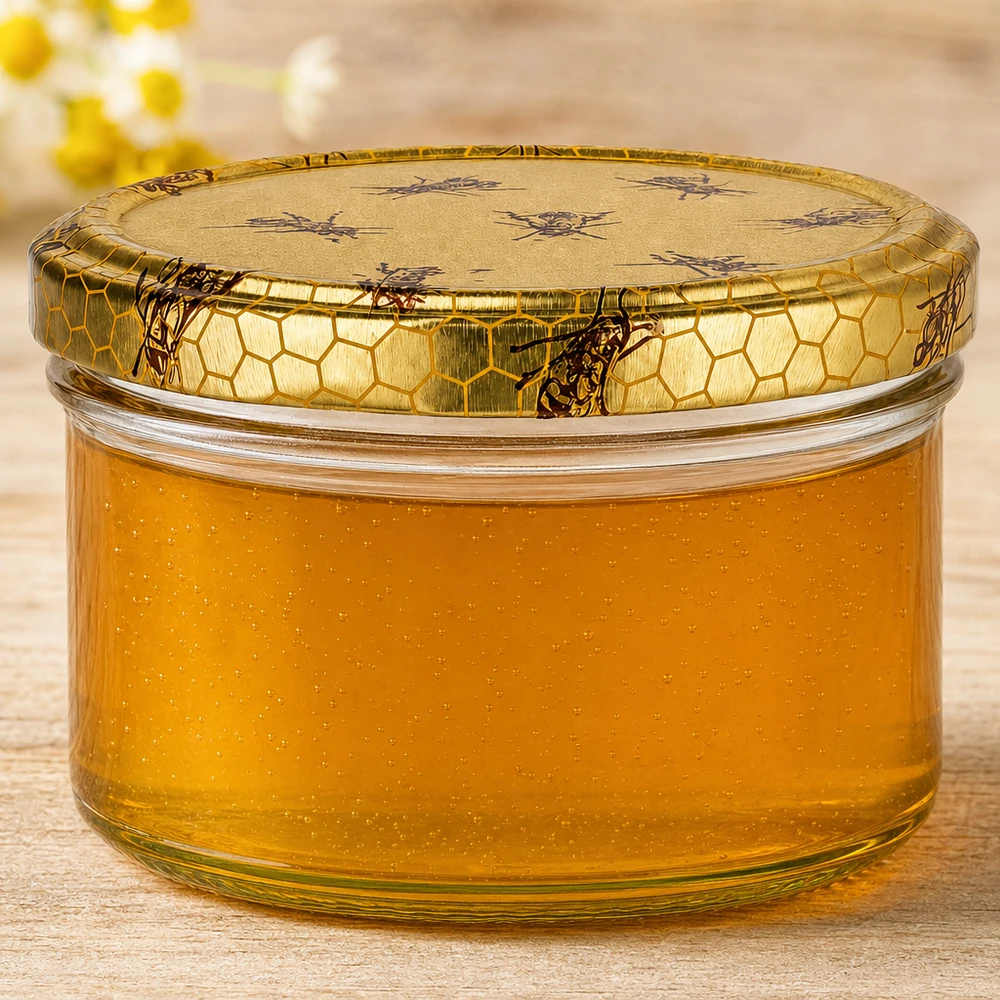 Tarro de miel de 300 g con miel amarilla dorada y tapa en forma de panal, primer plano de la estructura del tarro y la consistencia de la miel