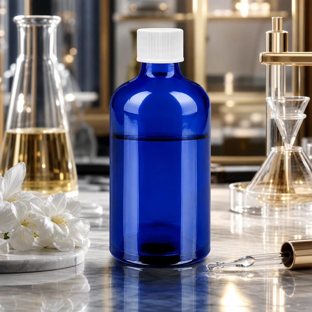Botella 100ml 11mm tapón rosca blanco Estándar BlueLine UT18/100 Frasco profesional de laboratorio de 100 ml en azul cobalto con tapón estándar blanco de 11 mm para investigación