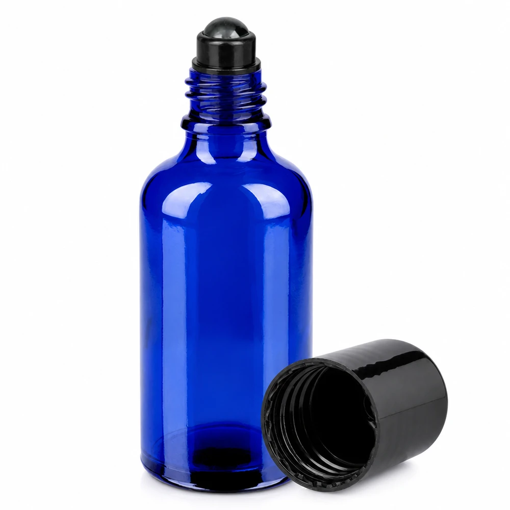 Frasco roll-on 50ml negro tapón estándar BlueLine UT18/50 Frasco roll-on 50ml vidrio azul STD BlueLine UT18/50 para cosméticos y aceites esenciales