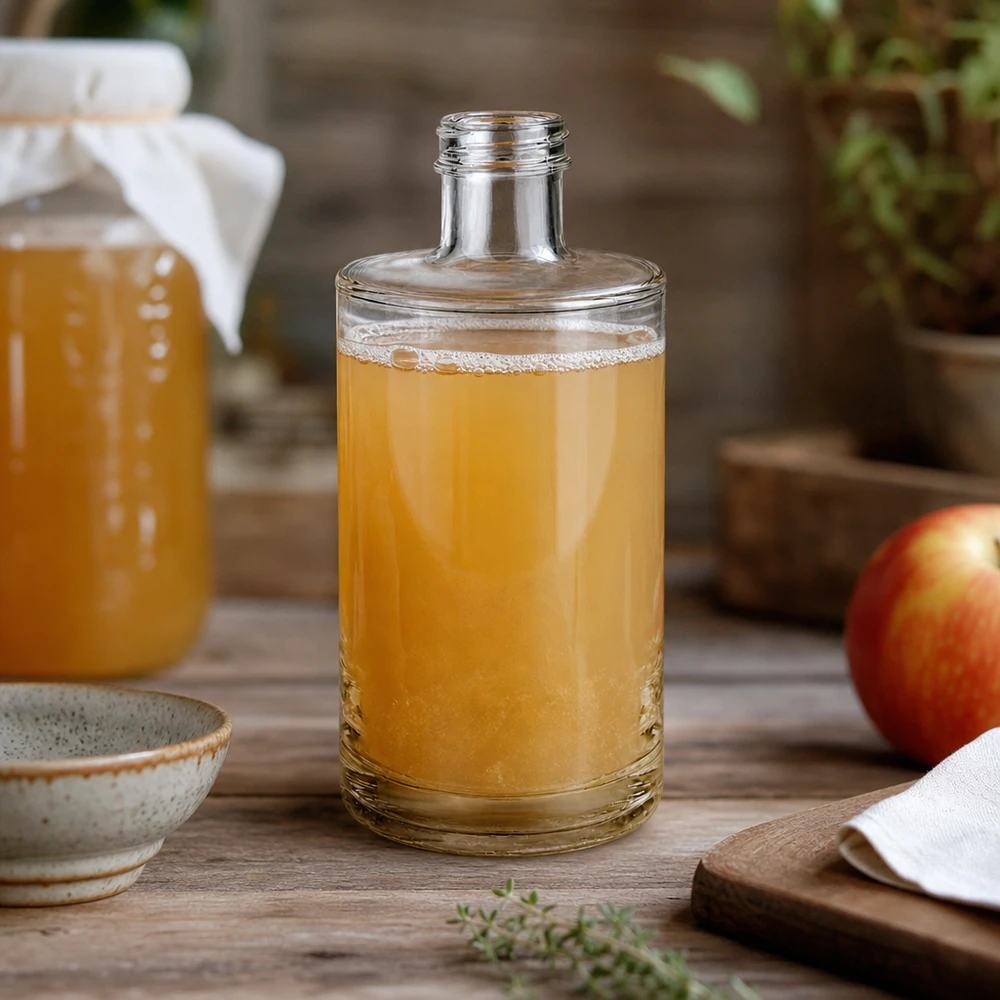 Botella de cristal de 375 ml de Sam llena de zumo de manzana sobre una mesa de madera rústica decorada con una manzana fresca y un cuenco de cerámica