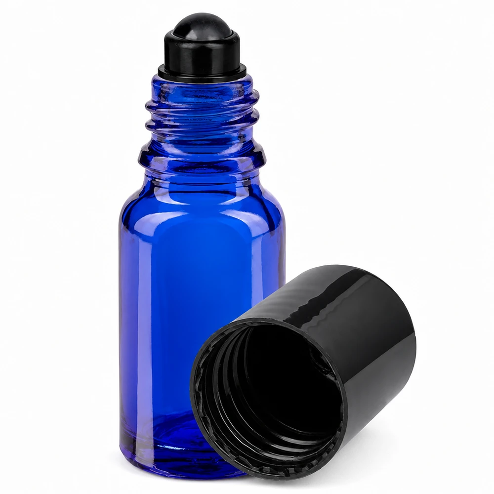 Botella de farmacia azul 10ml tapón roll-on negro Frasco azul de 10 ml con aplicador de bola, fabricado en vidrio de farmacia, con aplicador de bola negro y tapón de rosca