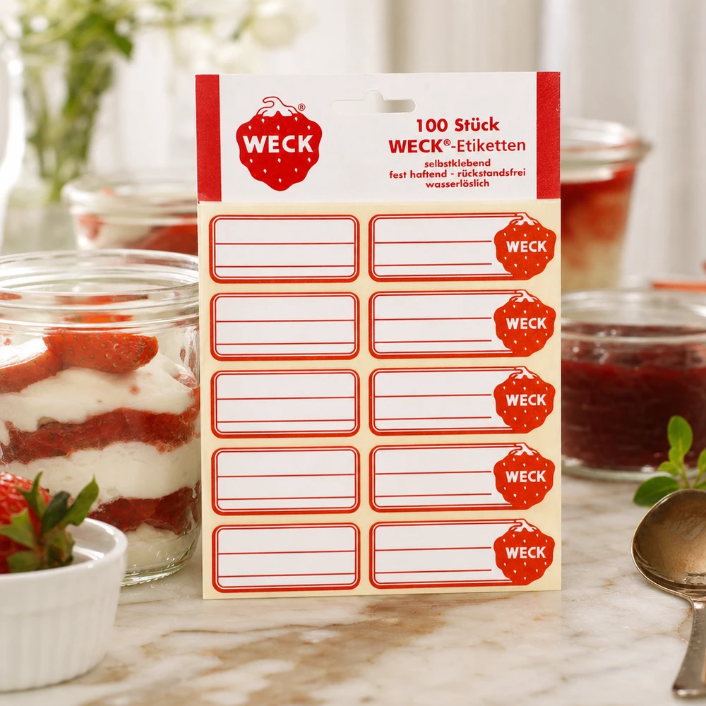 Etiquetas WECK de 19 x 13 mm (paquete(s) de 100 unidades) WECK Etiketten Packung neben dekorativem Dessertglas mit Erdbeercreme zeigt vielseitige Anwendung in moderner Küche