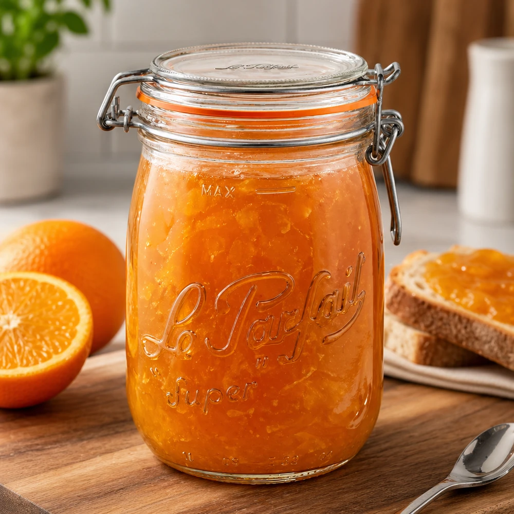 1000ml Le Parfait Super tarro de almacenamiento con tapa oscilante lleno de mermelada de naranja sobre tabla de madera con naranjas
