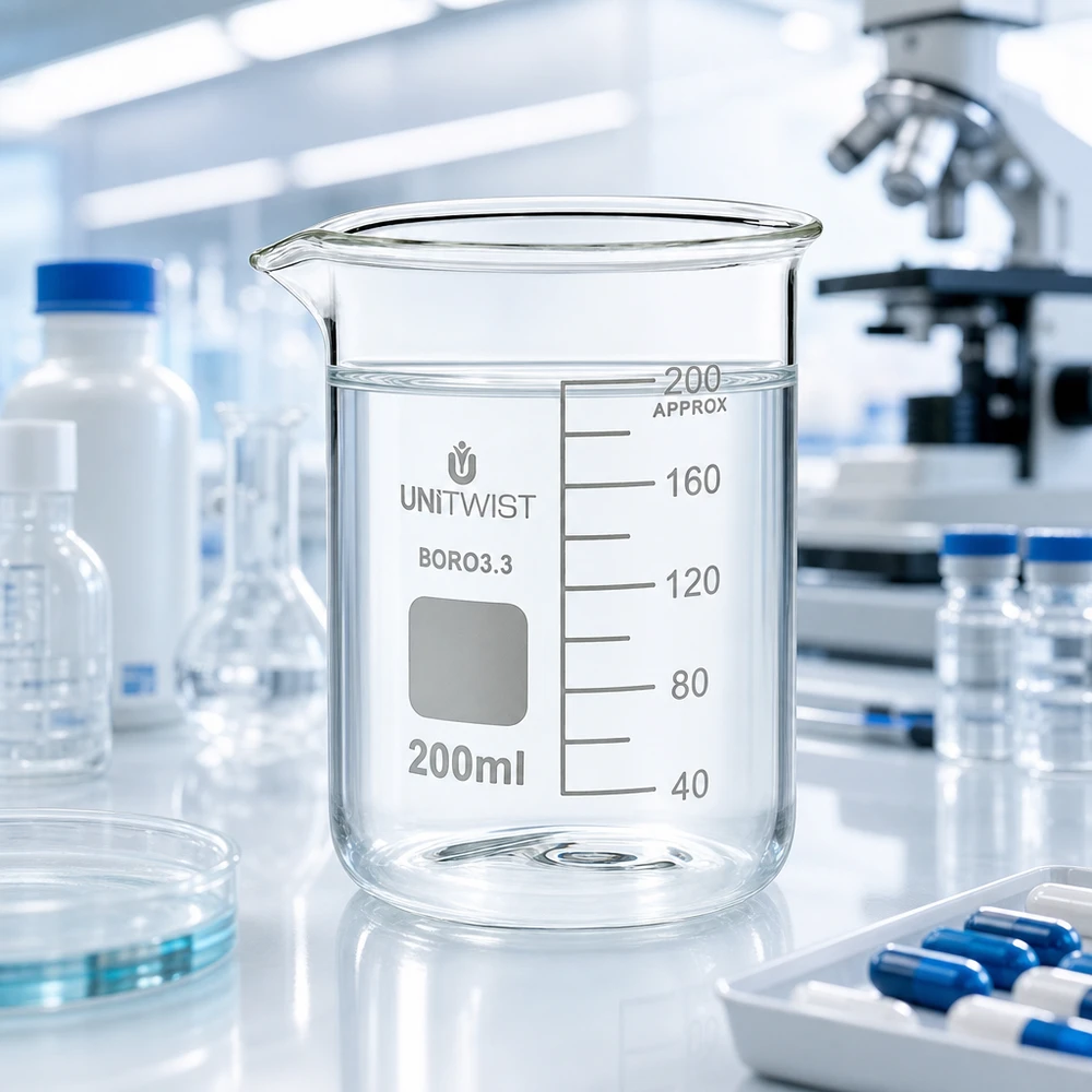 Vaso 200 ml borosilicato, molde bajo UNiTWIST Vaso de precipitados UNiTWIST de 200 ml, de borosilicato, de perfil bajo, en un laboratorio profesional con microscopio