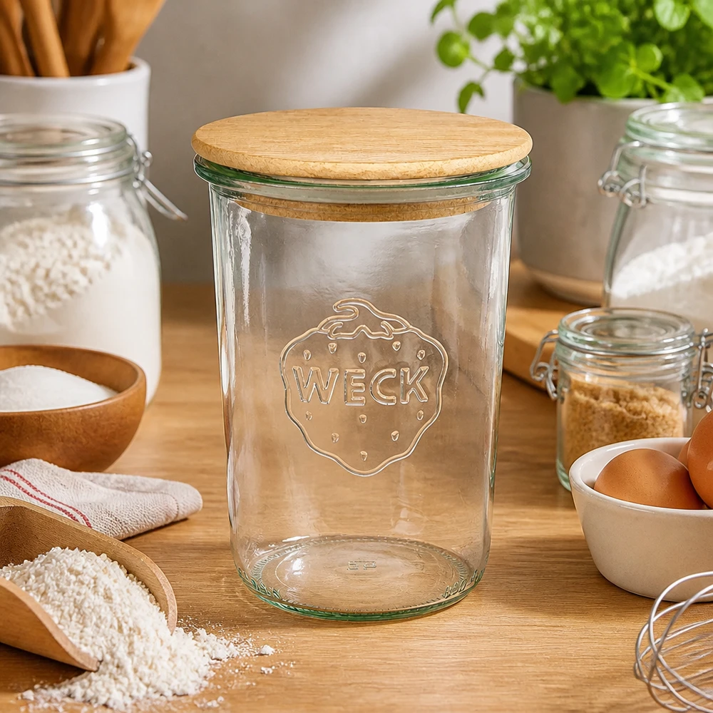 Vasos WECK RR100 850ml con tapa de madera WECK vasos 850ml RR100 tapa de madera cocina ingredientes para hornear harina huevos utensilios de cocina materiales naturales
