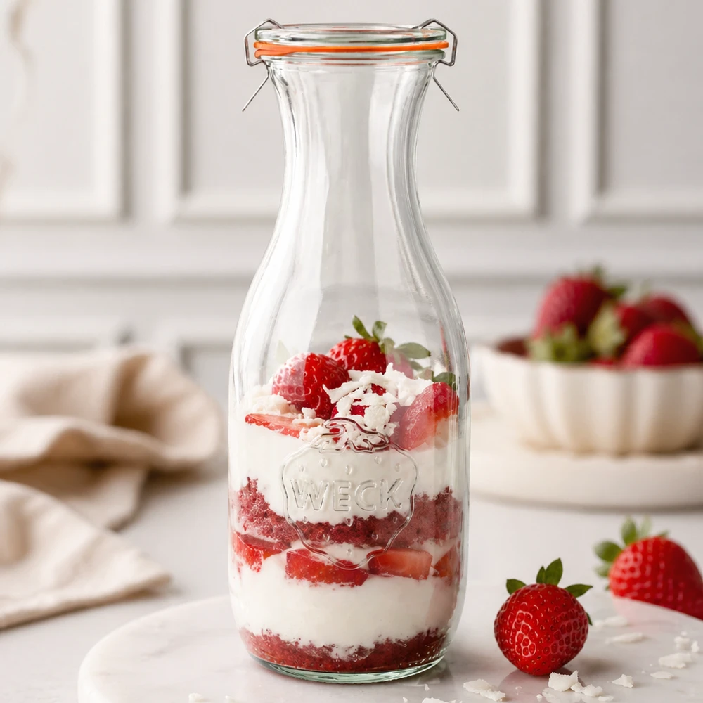 WECK botella de zumo 1062ml RR60 como tarro de postre lleno de crema de fresa postre en capas fondo de cocina blanco