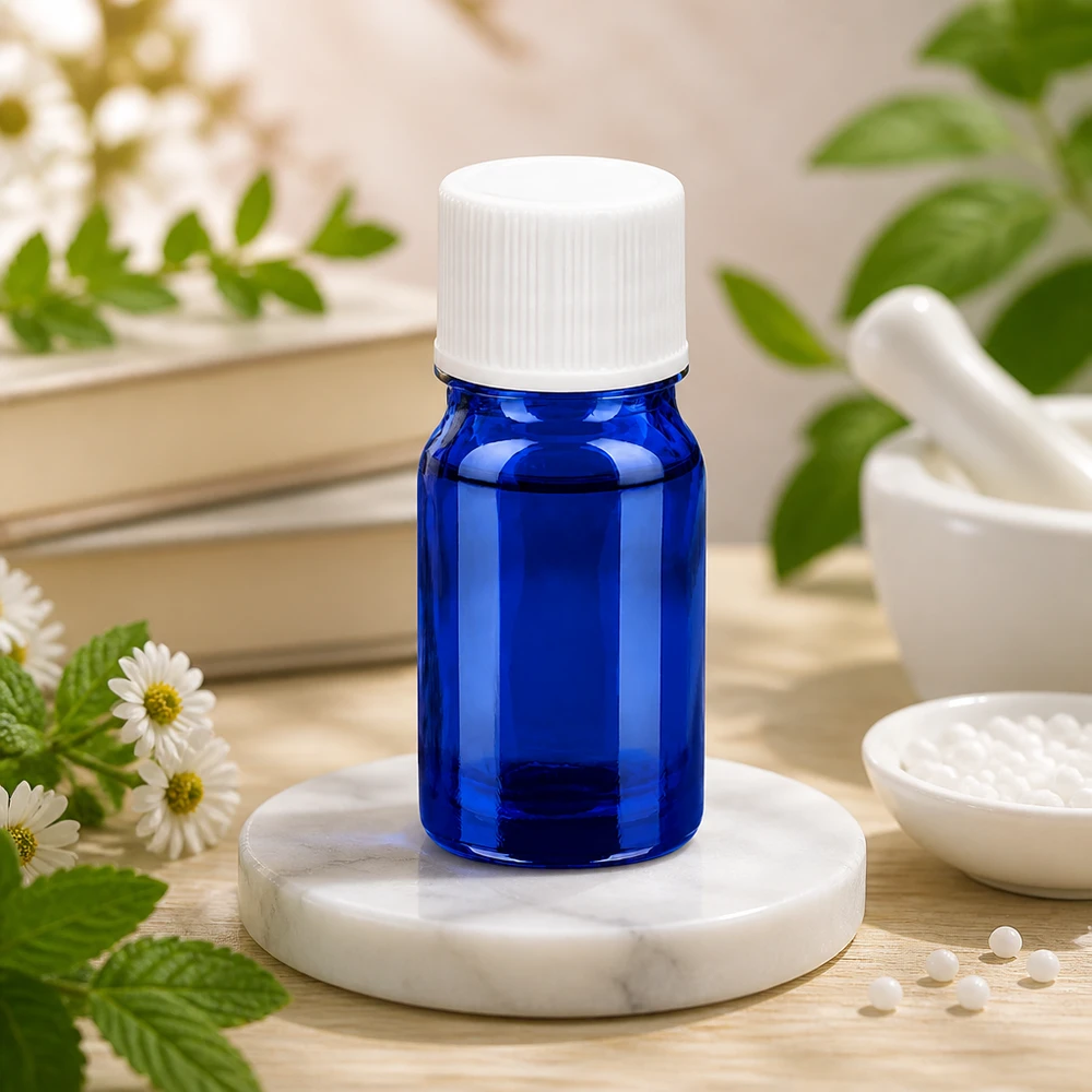 Frasco de 5 ml con tapón de rosca de 11 mm estándar blanco BlueLine UT18/5 Frasco pequeño de vidrio azul UT18/5 de 5 ml con tapón blanco ideal para aromaterapia y cosmética