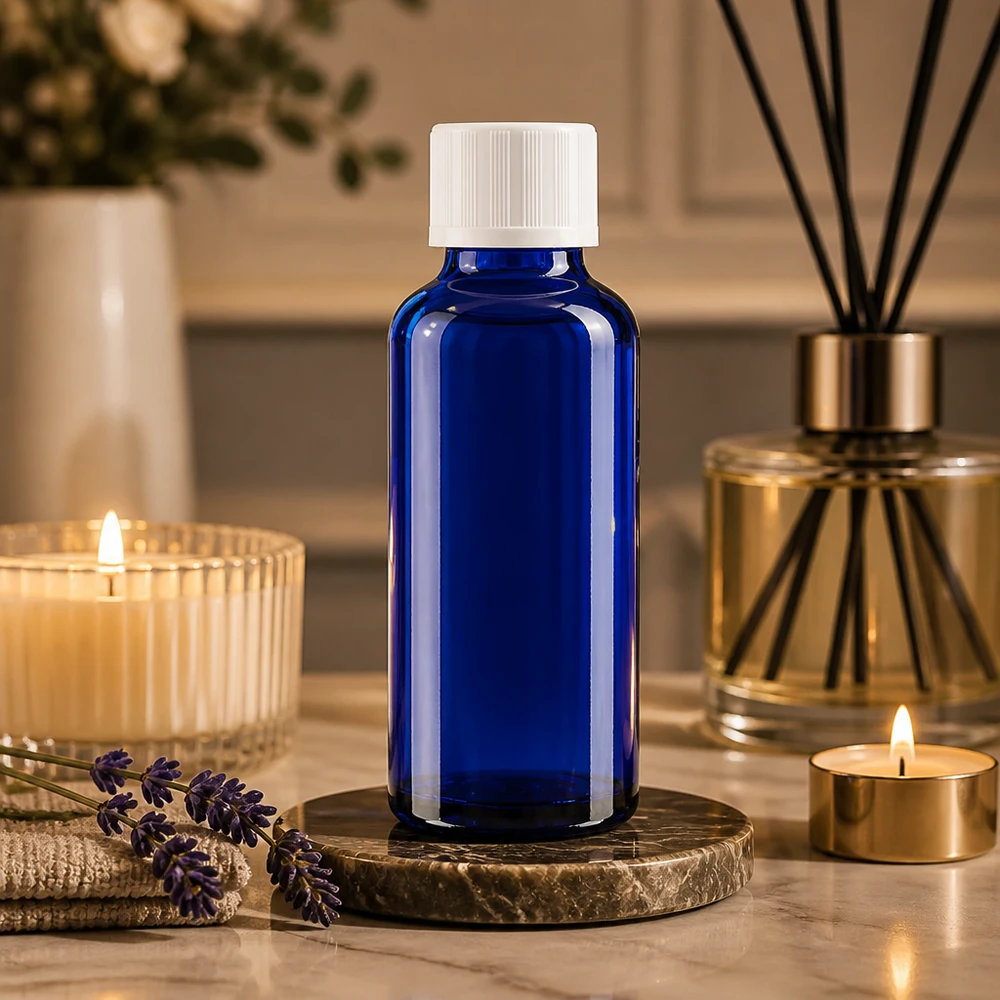 Frasco para aromaterapia de 30 ml de cristal azul con tapón blanco a prueba de niños y gotero de precisión de 1,2 mm